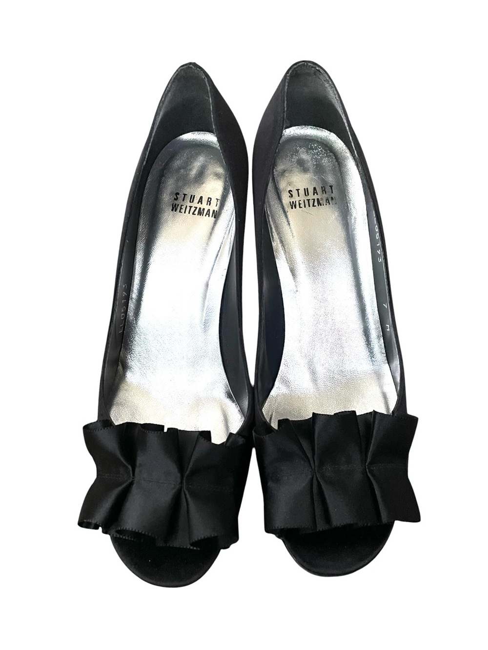 Stuart Weitzman Gigiritz Black Satin Peep-Toe Heels with Ruffle Bow 7
